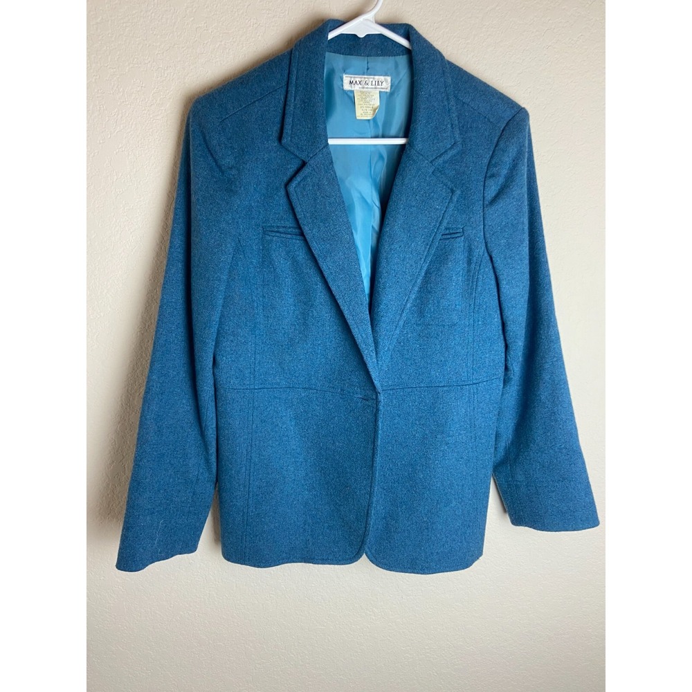 Max & Lily Womens Blazer Blue Size 10P Solid Long Sleeve V-Neck One-Button Front